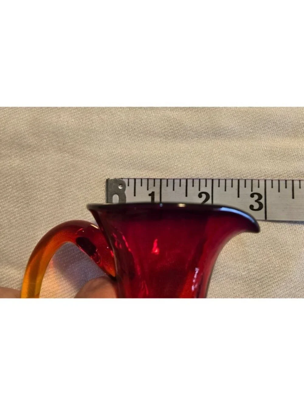 Kanawha Amberina 5” Glass Pitcher Bud Vase Red Yellow Tint Vtg Handcrafted